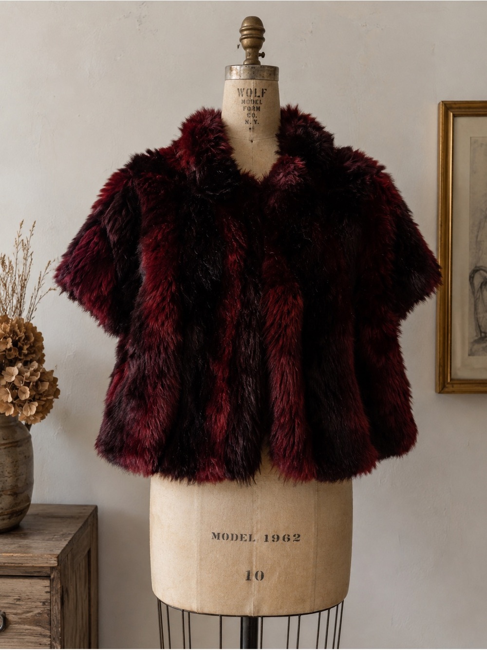 NWT St. John Couture Burgundy Multi Faux Fur Capelet Jacket Size 8 | $1,095 Reta